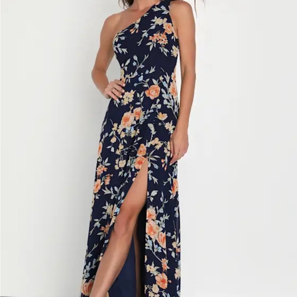 Lulu's Navy One-Shoulder Floral Maxi Dress with Orange Blooms